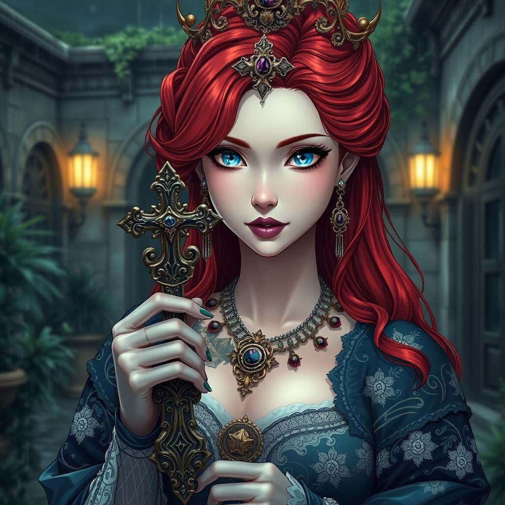 Anime Princess with Ornate Cross in Rain