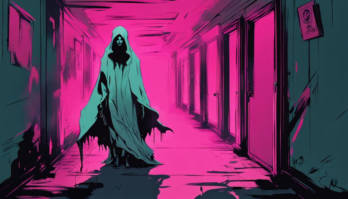 Creepy Female Ghost in Dark School Corridor