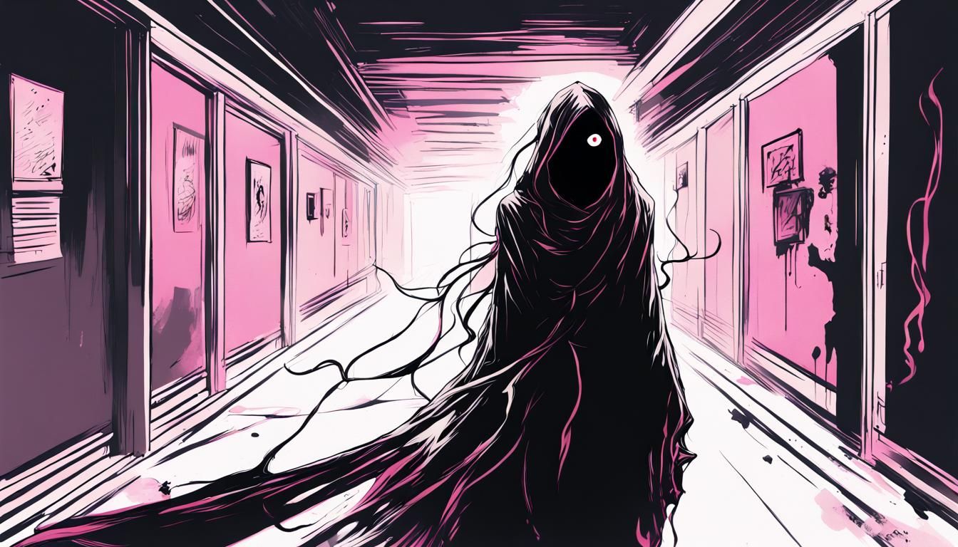 Creepy Female Ghost in Dark School Corridor