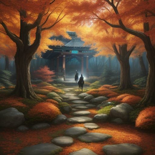 Knight Wakes in Autumn Garden with Wolf Companion Anime Styl...