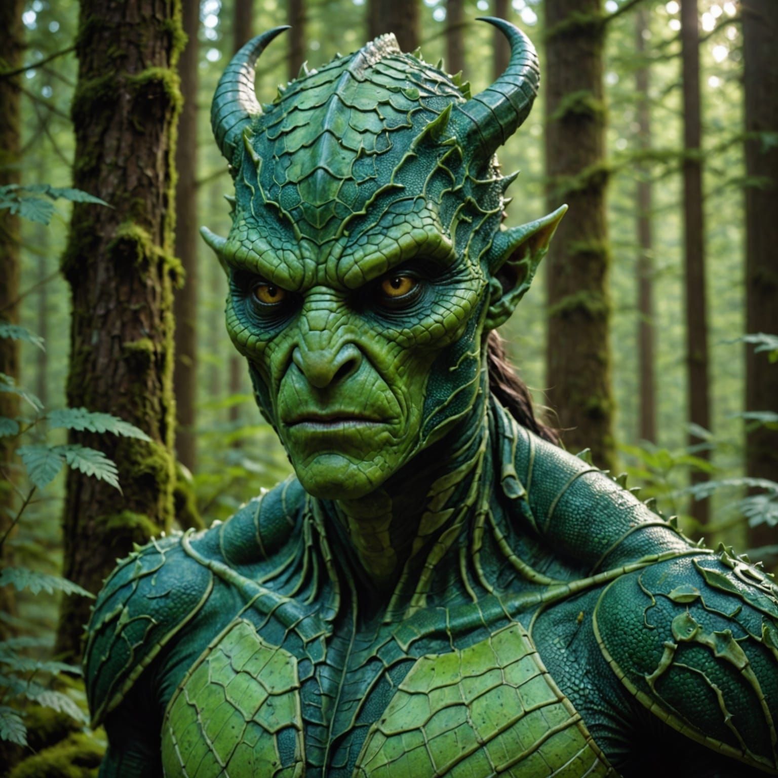 Majestic Green Demon in Lush Forest Landscape