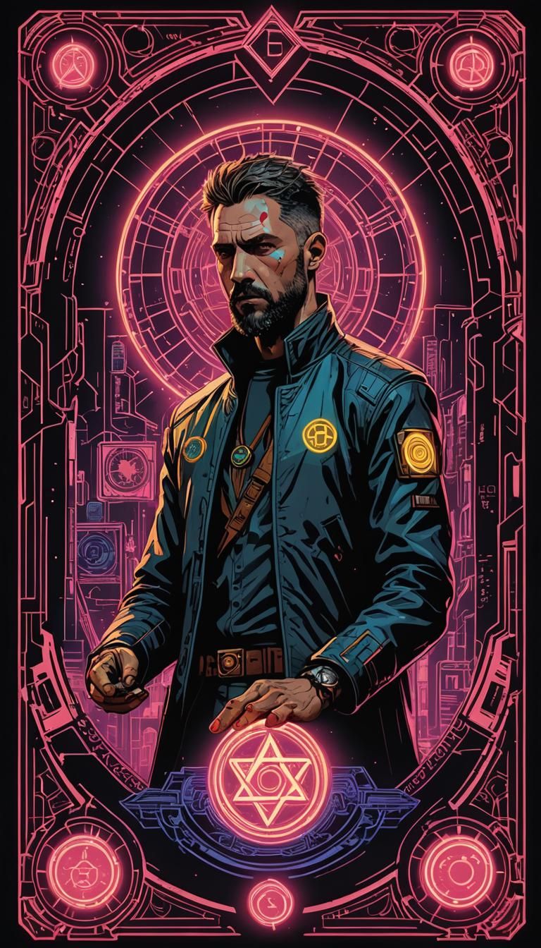 Four of Pentacles Tarot Card in Cyberpunk Style