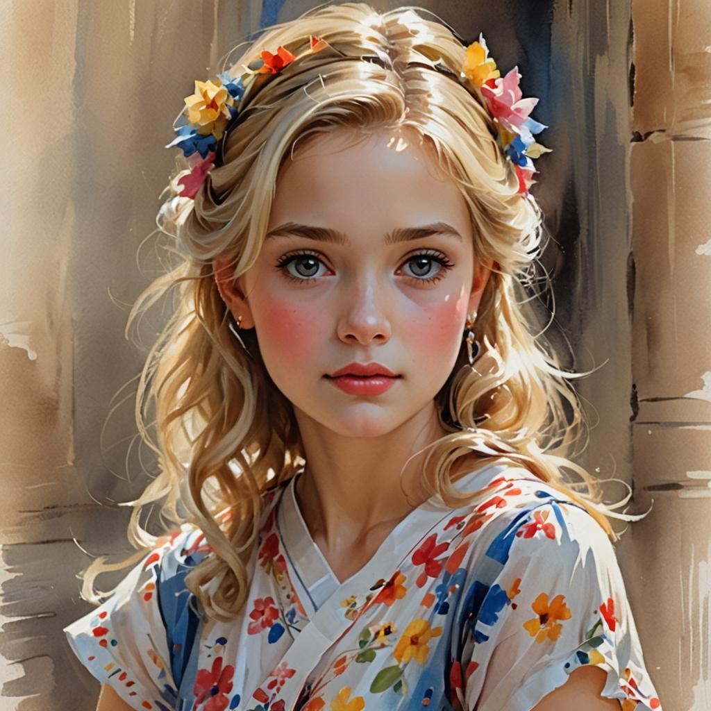 Blond Girl Portrait in Watercolor Style