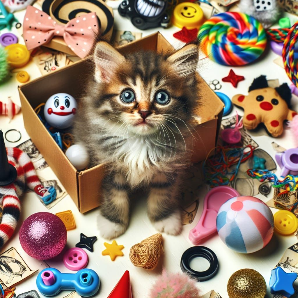 Whimsical Kitten Amidst Vibrant Chaos