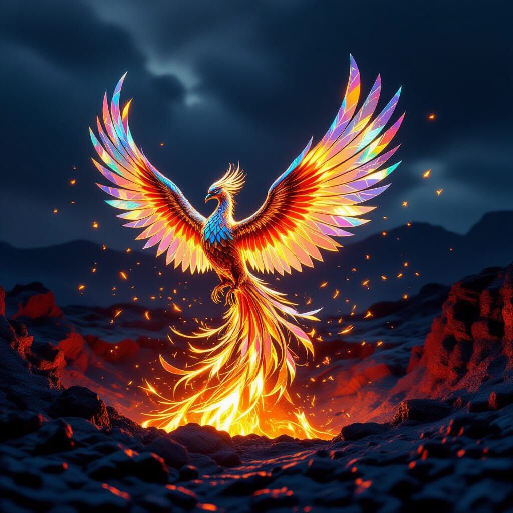 Glass Phoenix Erupts From Volcano in Rembrandt Style