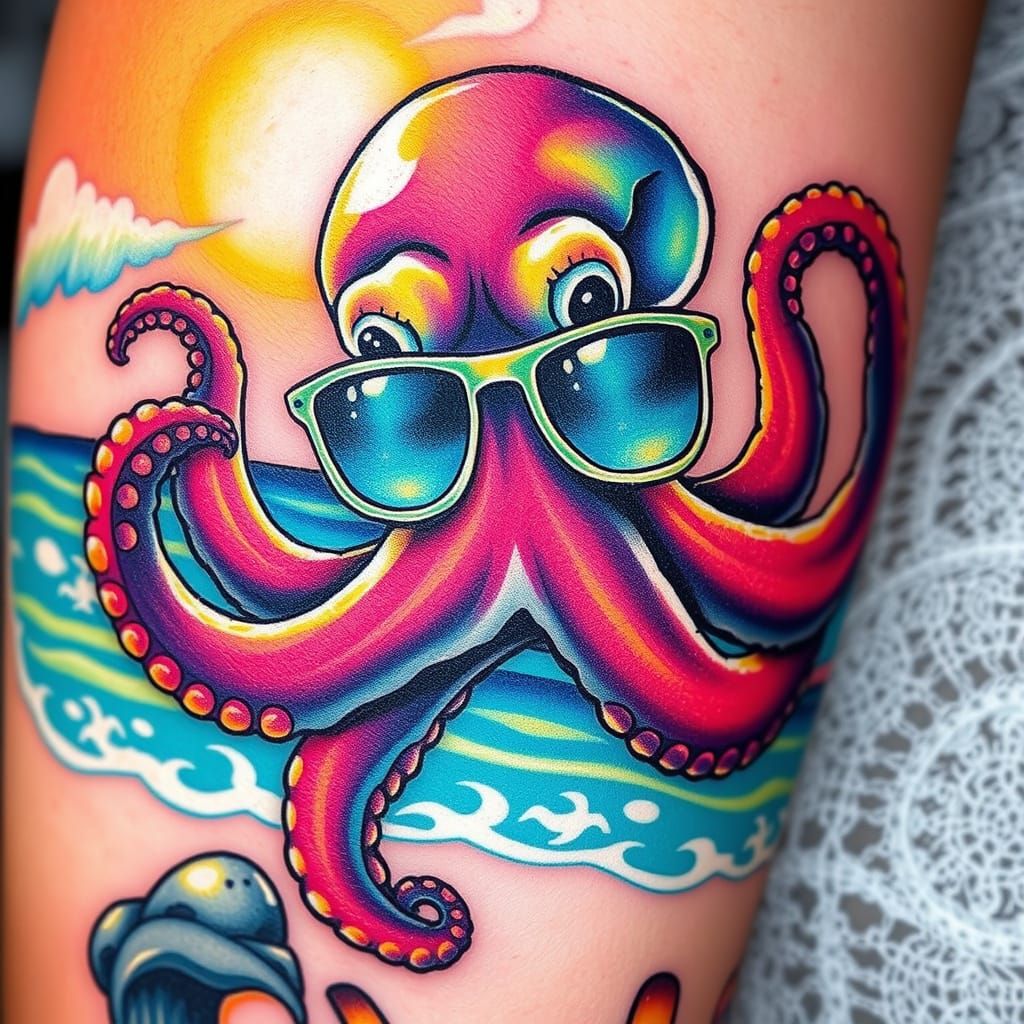 Octopus Tattoo on Beach in Hyperrealistic Style