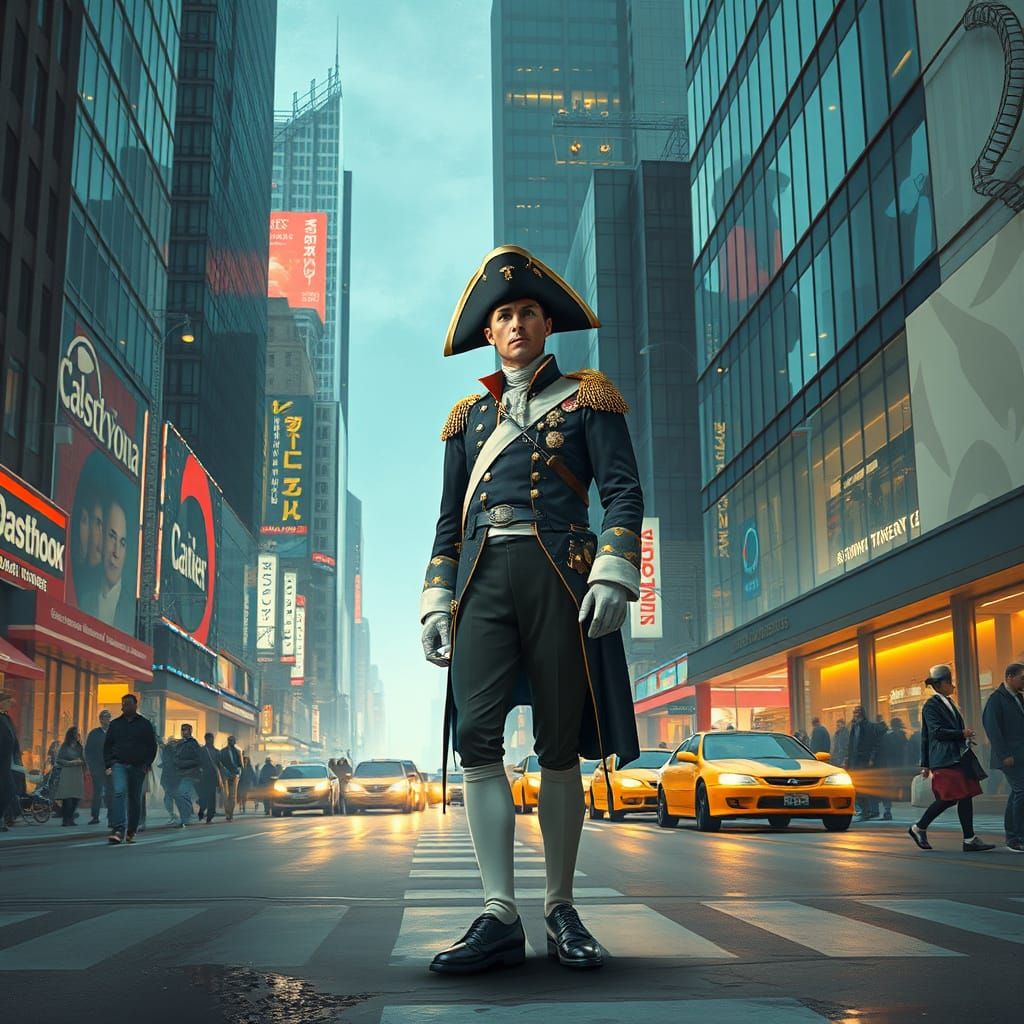Napoleon in Modern Cityscape: Cyberpunk Style