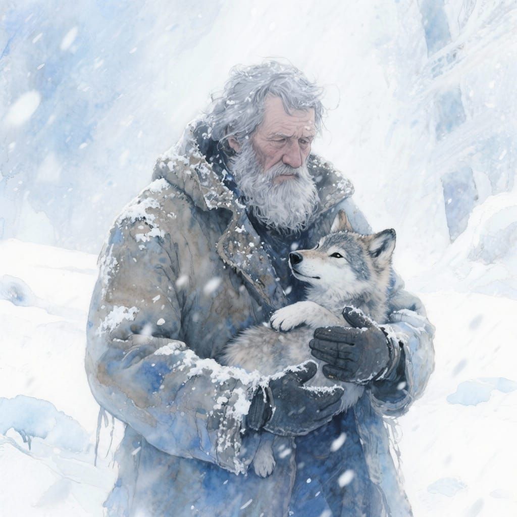 Elderly Man Shields Wolf Cub in Snowstorm Watercolor