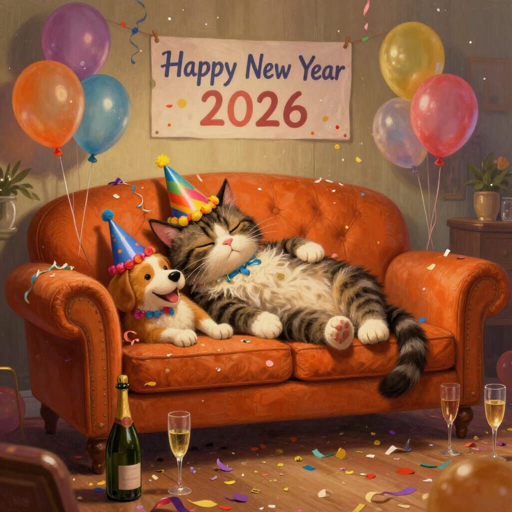 Tired Cat and Dog After New Year's Party
