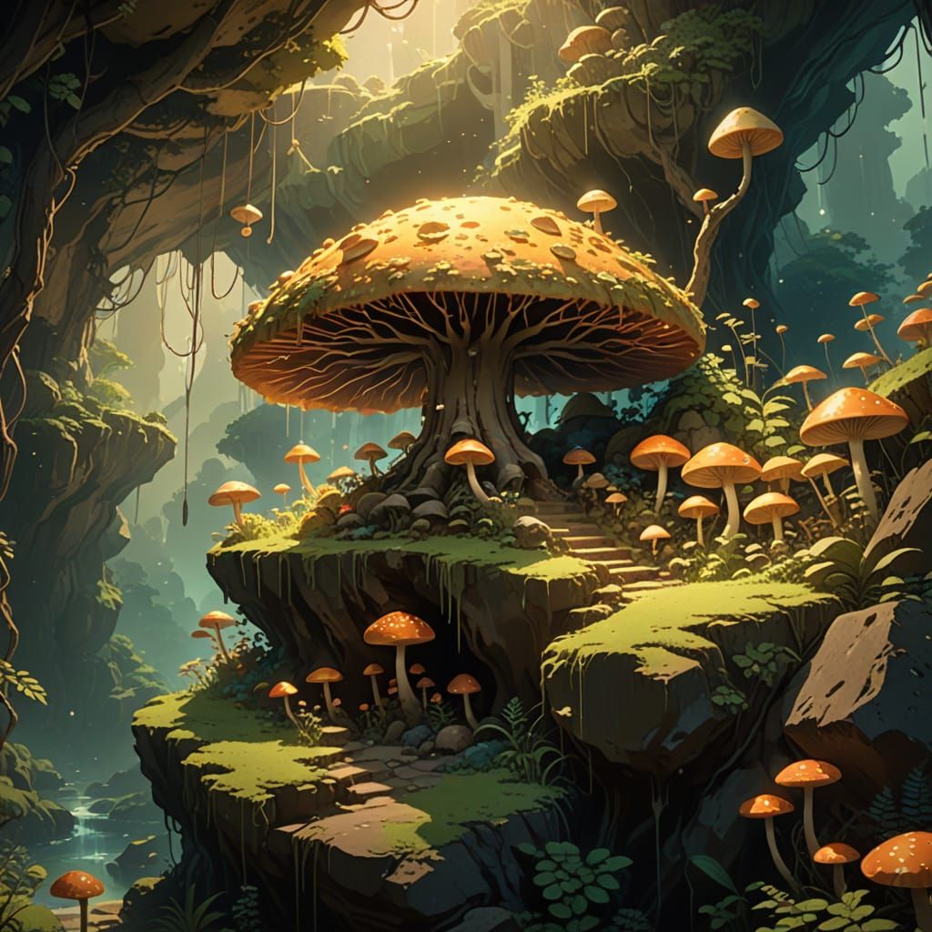 Whimsical Cave Dweller in Luminous Mushroom Hush