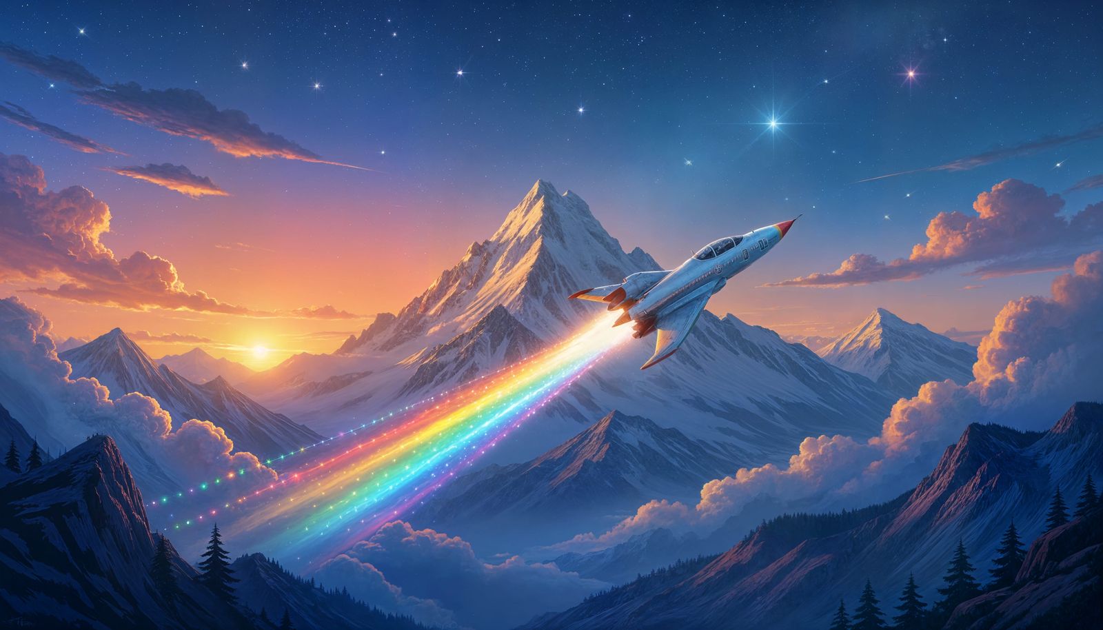Fantasy Rainbow Jet Over Mountains: Oil Painting