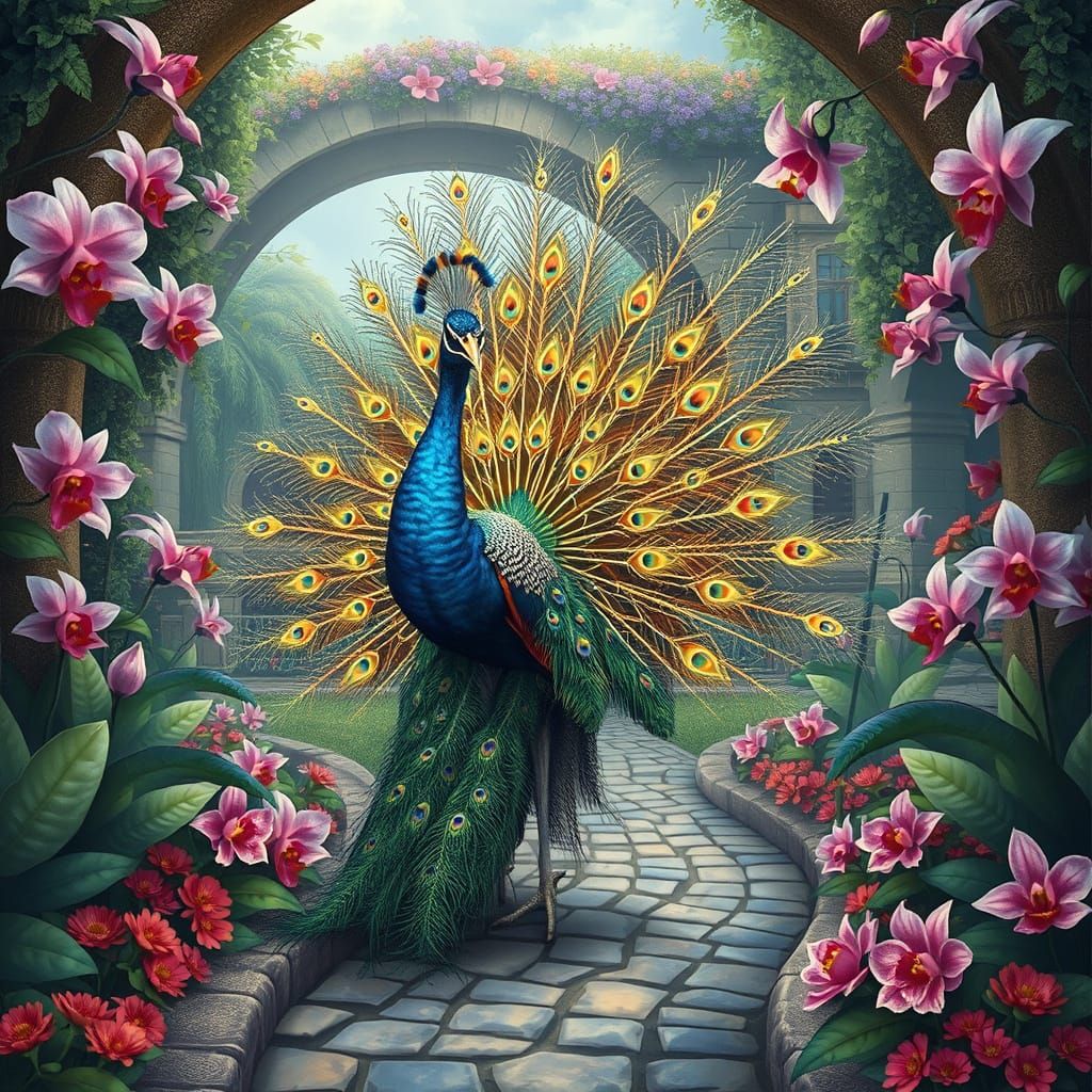 Enchanted Garden Peacock in Dreamlike Style