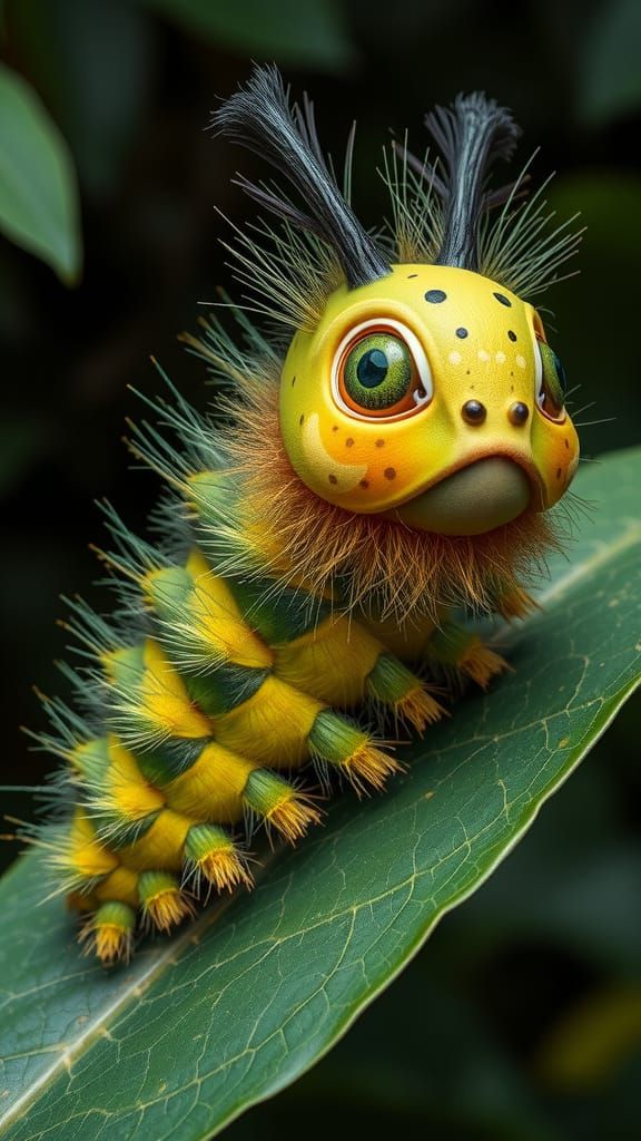 Fluffy Caterpillar on Leaf in Storybook Style