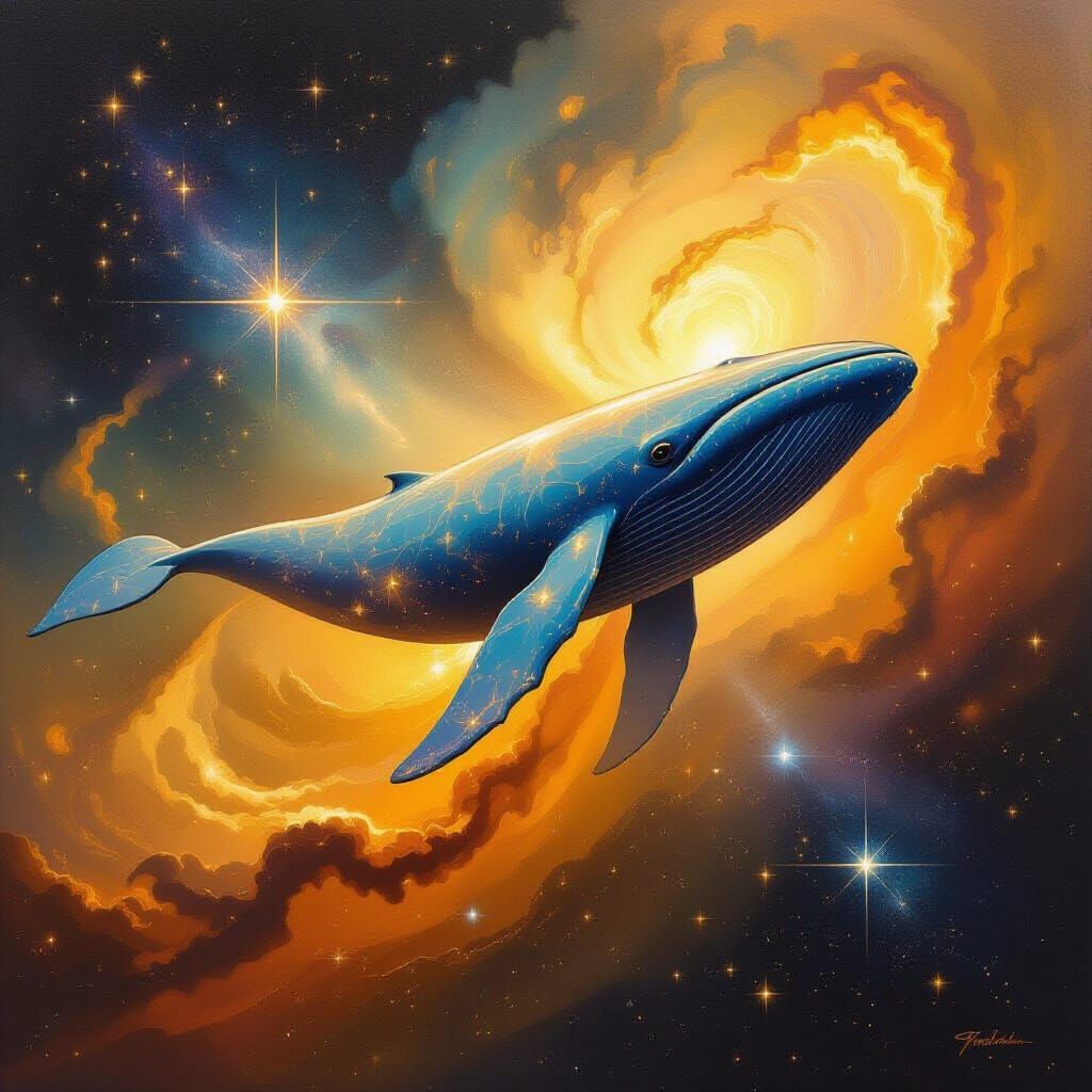 Ethereal Whale Swims Through Golden Nebula in Surreal Oil Pa...