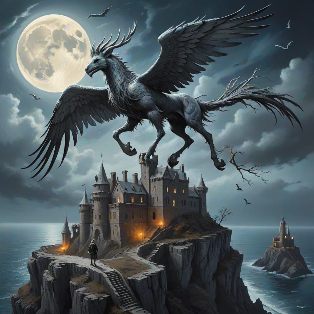 Fantasy Hippogriff and Wendigo Above Ominous Moonlit Ocean