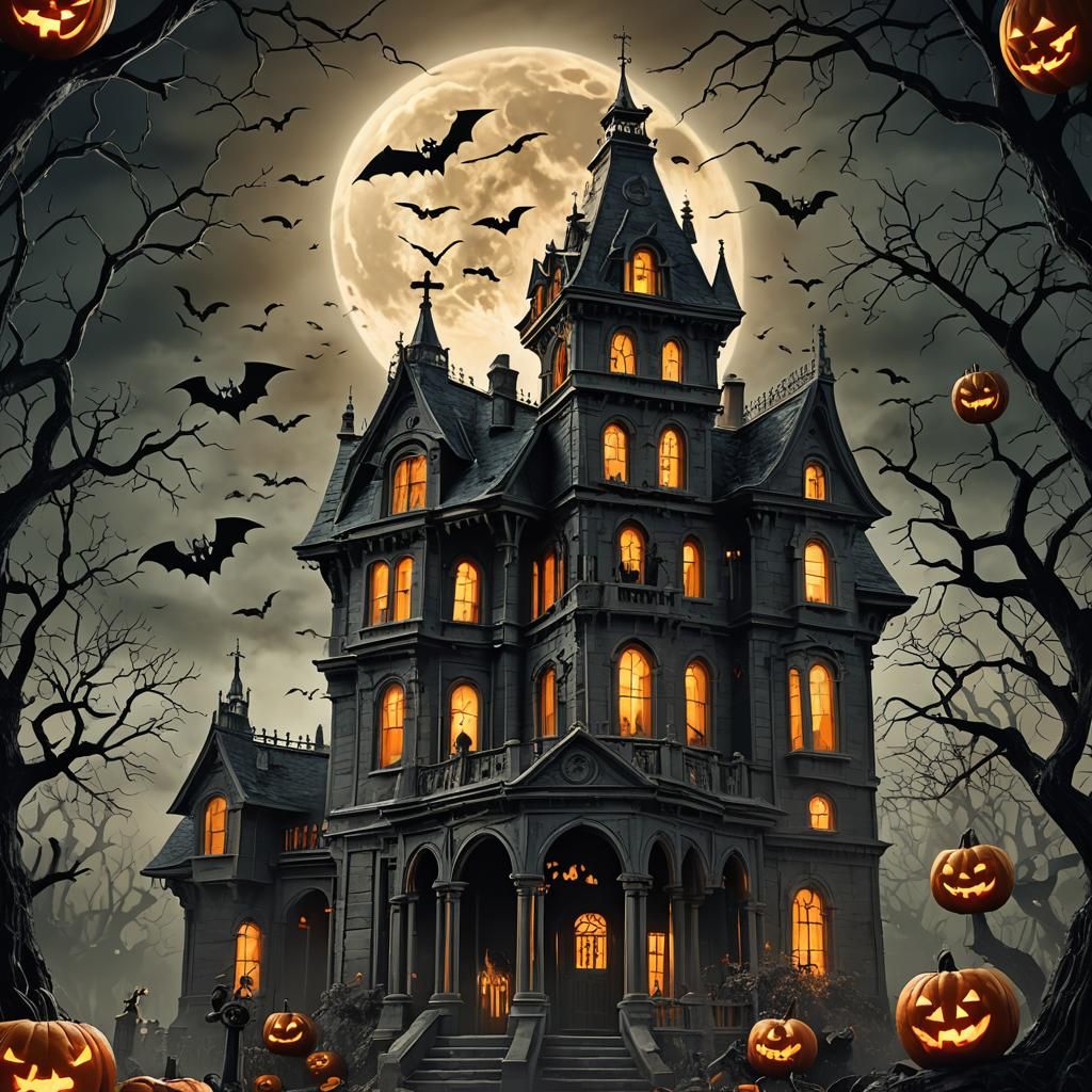 Haunted Gothic Mansion with Glowing Pumpkins