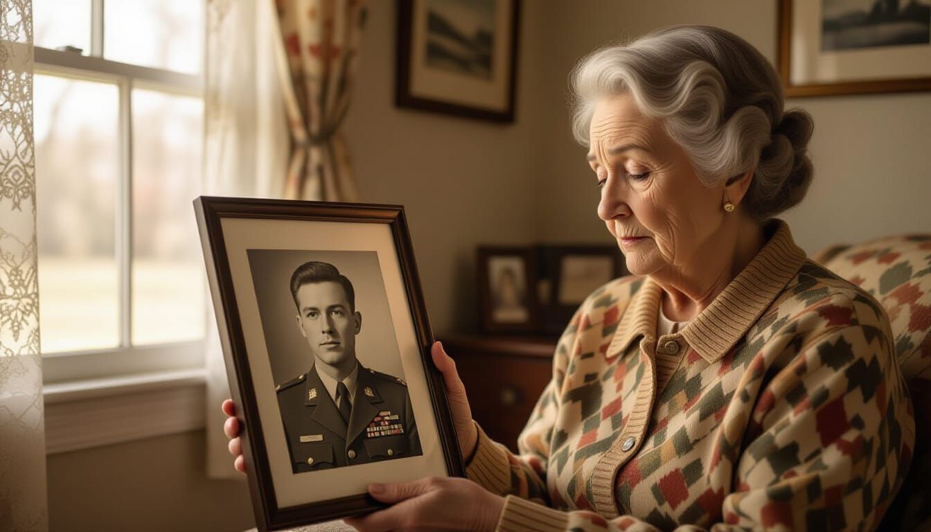 Woman's Sad Gaze at WWII Photo in Norman Rockwell Style