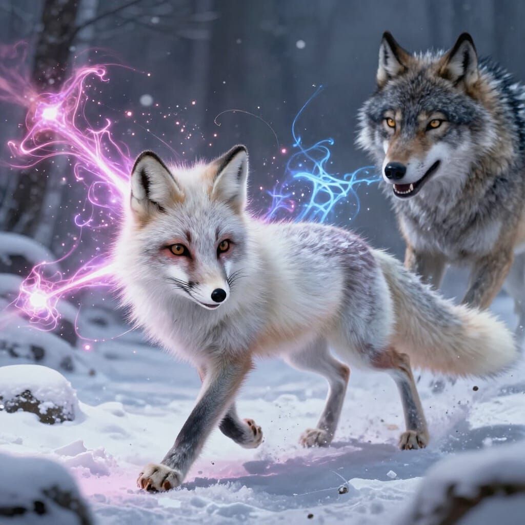 Arctic Fox vs Wolf Magical Battle in Realistic Digital Paint...