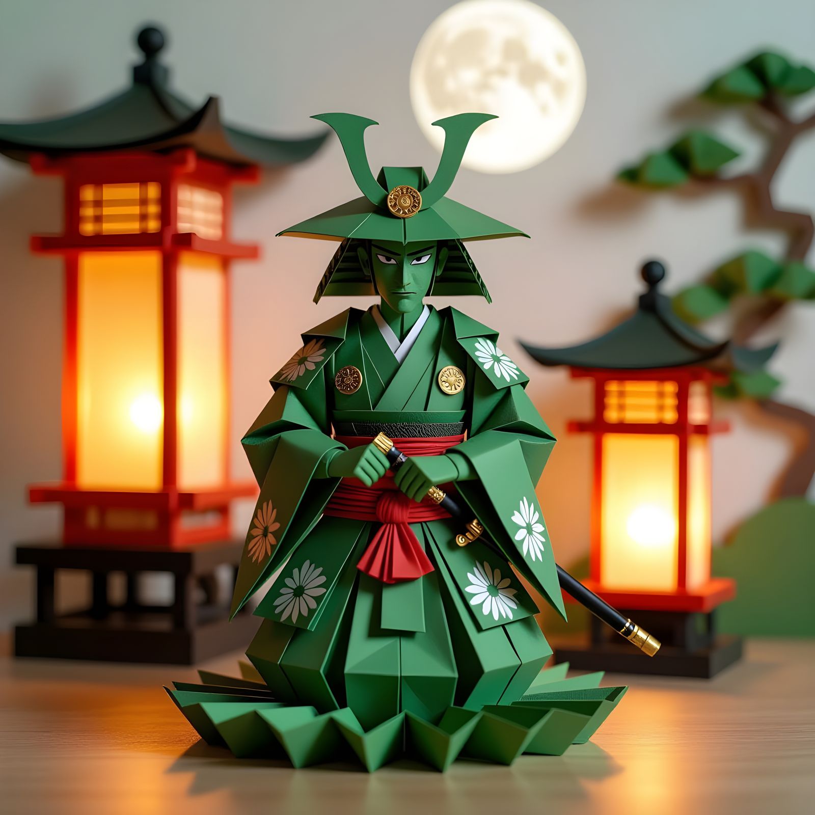 Steampunk Samurai Kirigami Sculpture in Japanese Garden