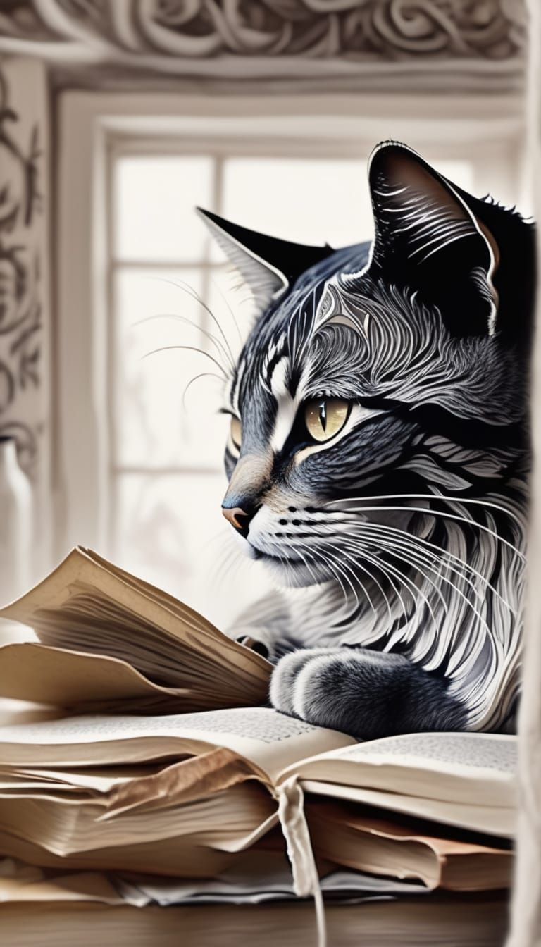 Whimsical Cat Sleeping on Books in Moonlight