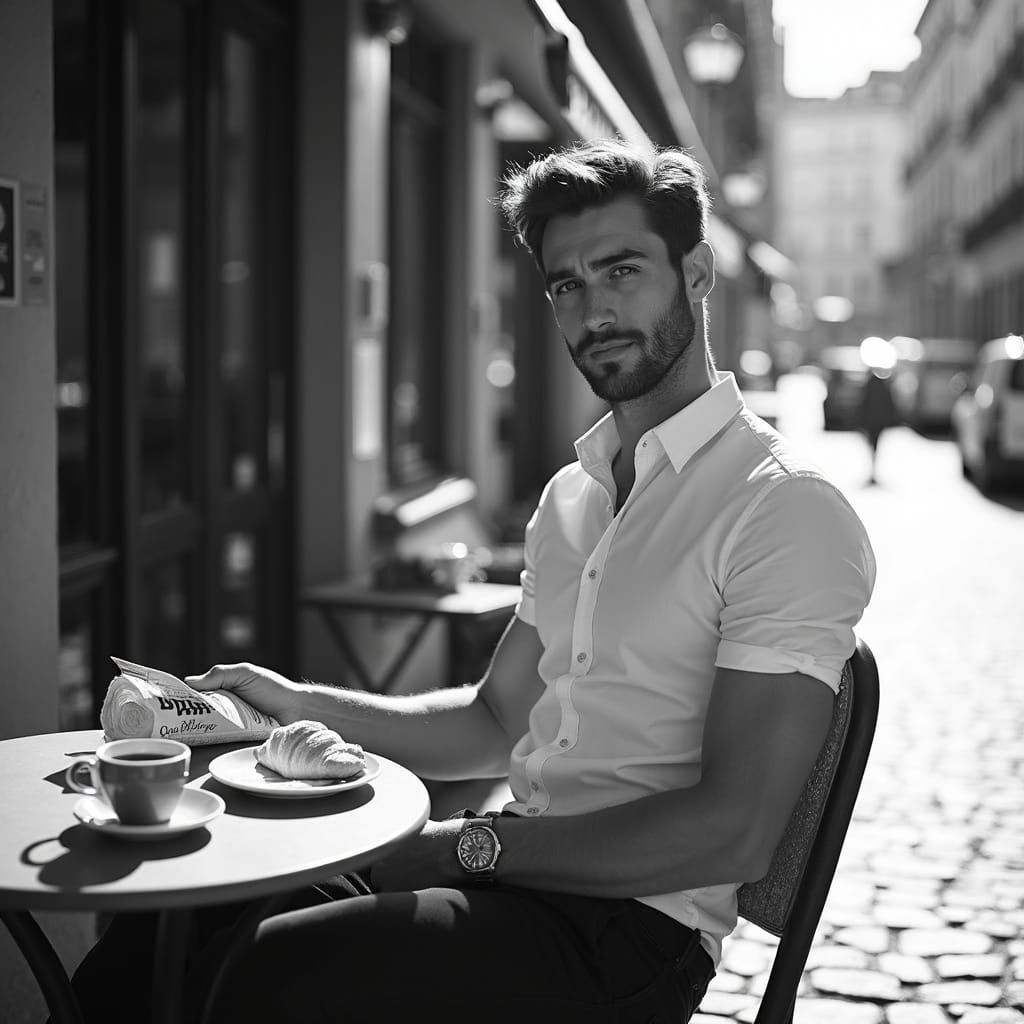Man Enjoys Morning Coffee at French Cafe