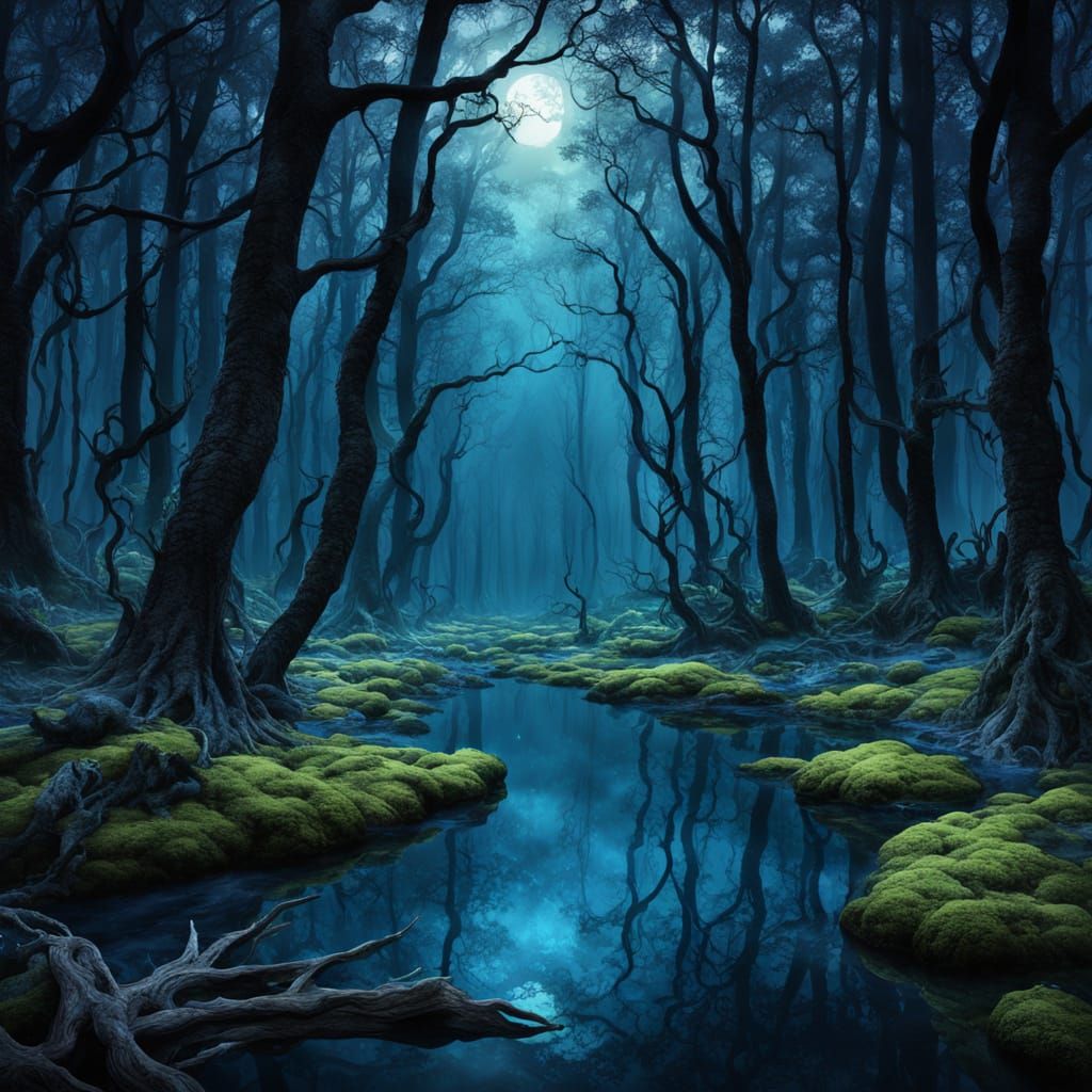Macabre eldritch indigo forest lagoon
