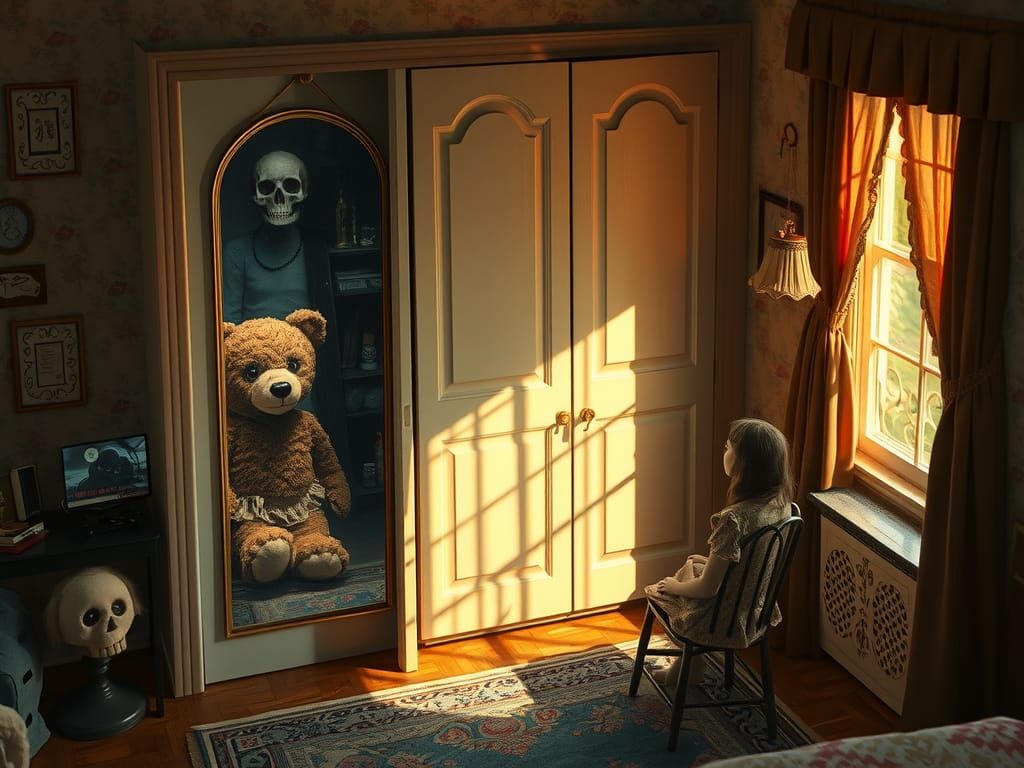 Eerie Teddy Bear in Nightmare Bedroom, Surreal Art