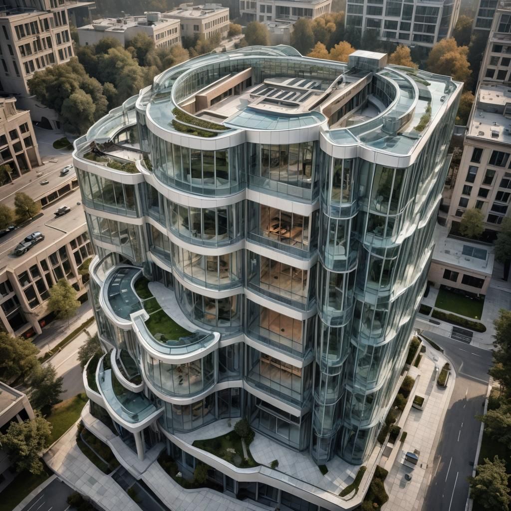 Elliptical Glass Building Overlooking Valley Cascade