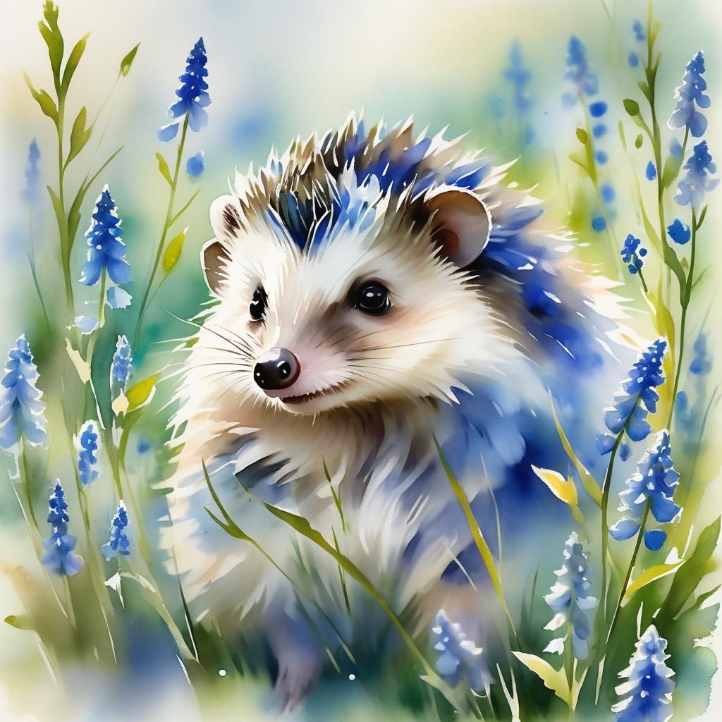 Delphinium Foglove Hedgehog Portrait in Watercolor