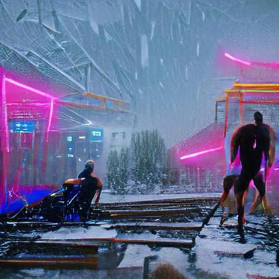 Cyberpunk Train Scene with Snow and People