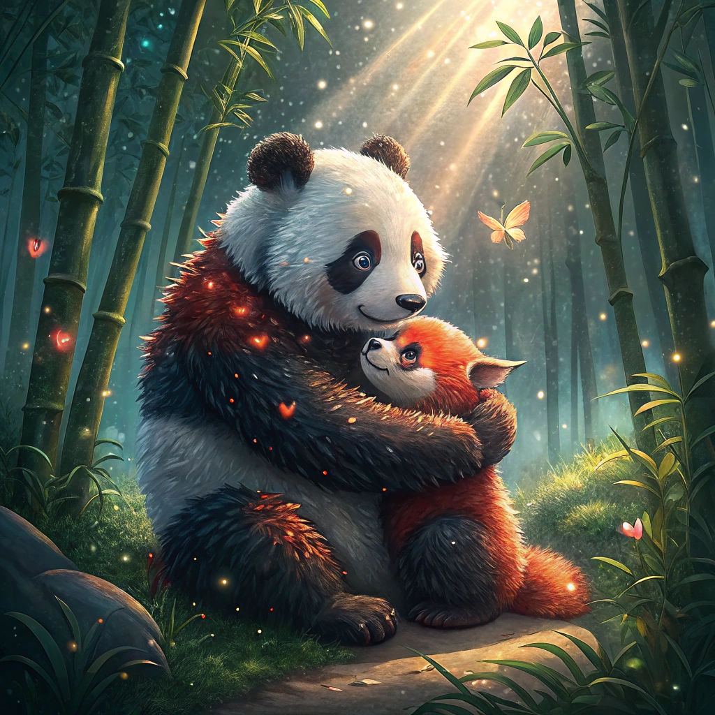 Pandas Hugging in Bamboo Forest