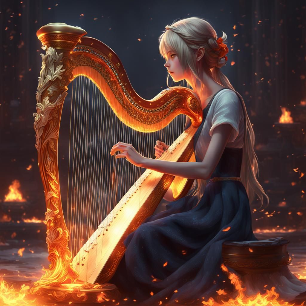 Fiery Anime Harpist in 3D