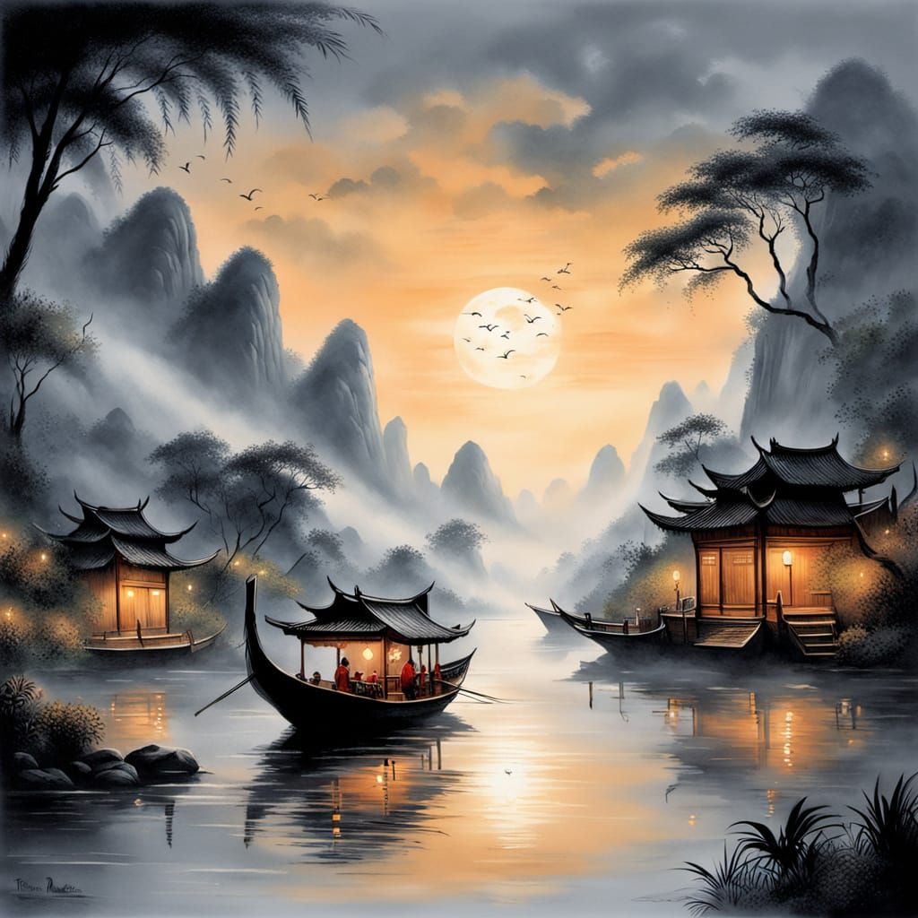 Dreamy Li River Scene with Traditional Sampan Boat