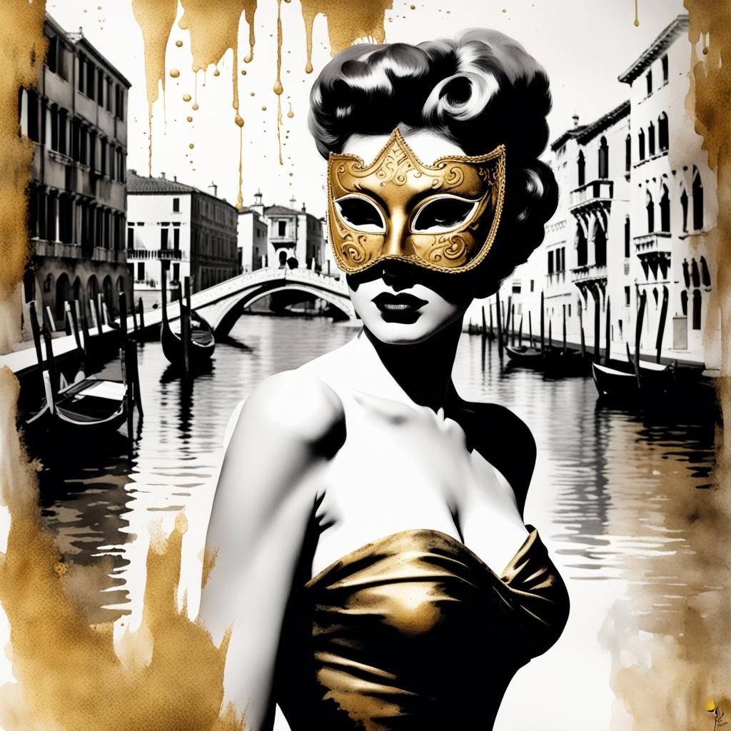 1940s Pinup in Venice with Gold Mask