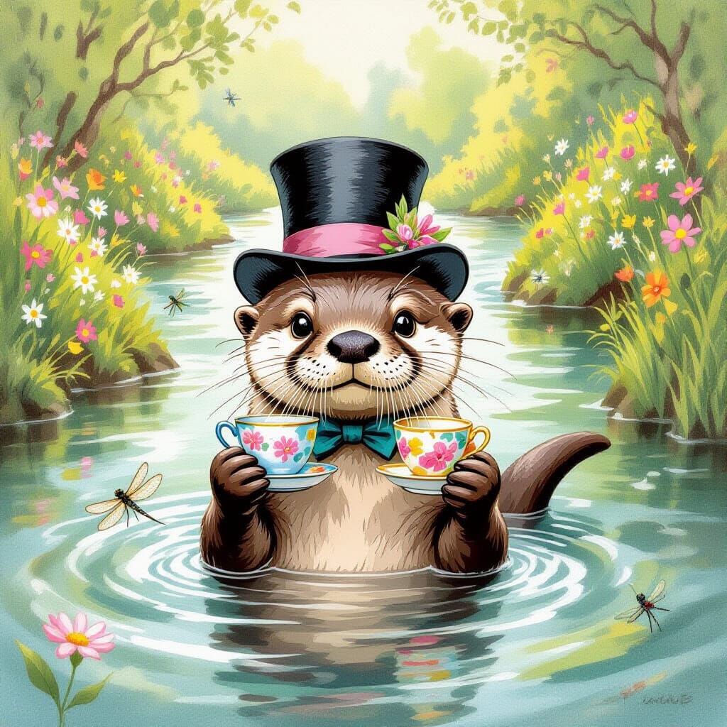 Playful Otter Balances Teacups in Watercolor Style