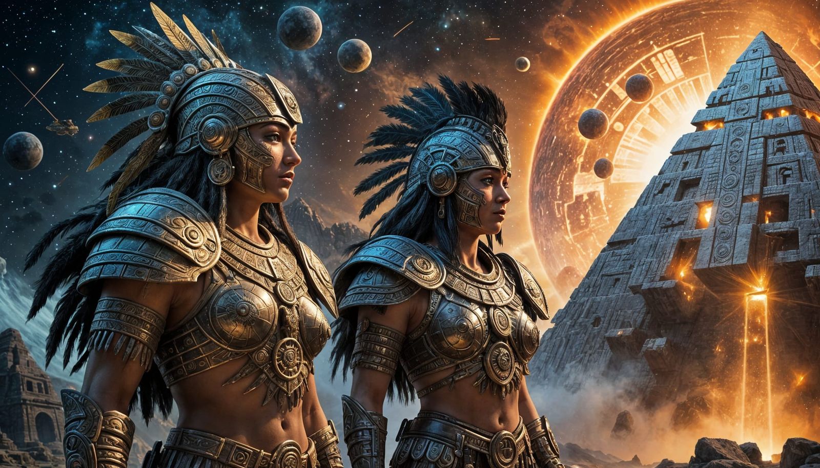 Aztec Warriors Guard Obsidian Spacecraft in Sci-Fi Art
