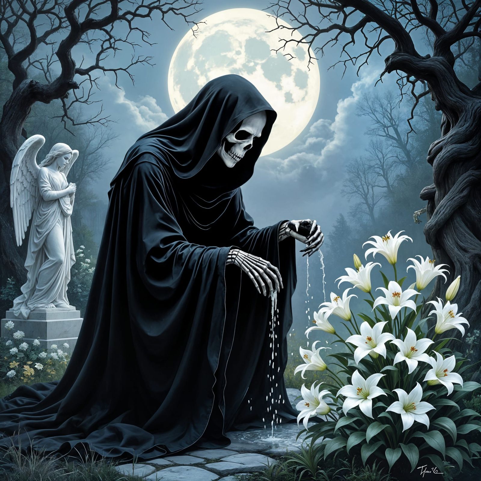 Gothic Oil Painting: Death Tends Moonlit Lily Garden
