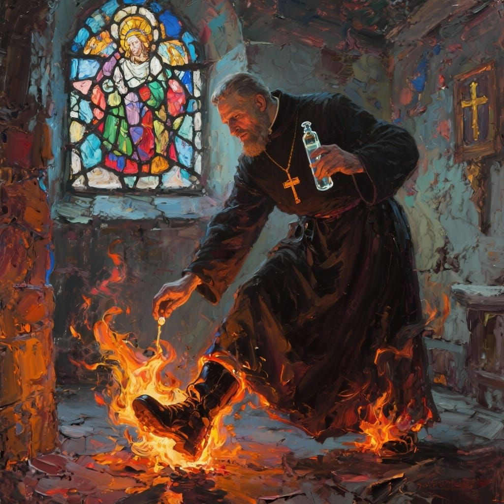 Priest Performing Fire Stomping Ritual in Basement