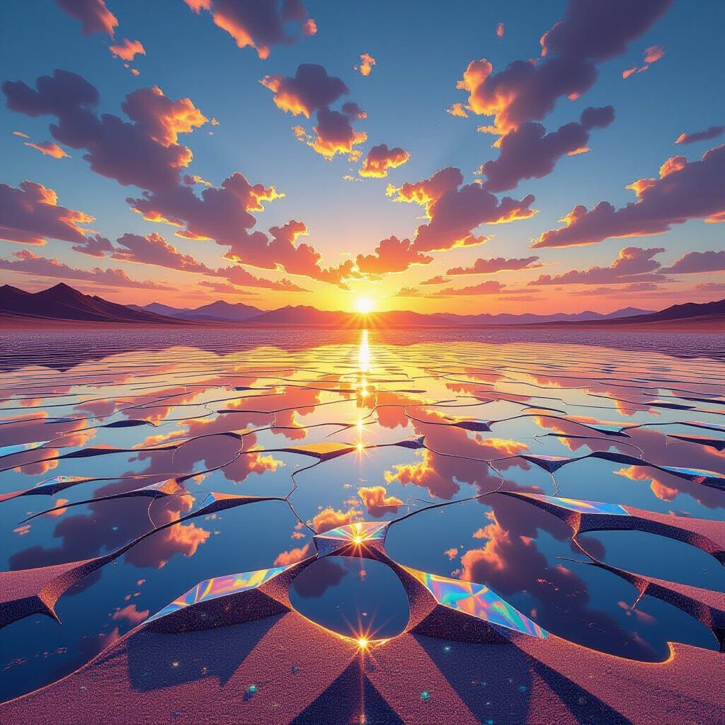 Reflective Glass Desert Under Vibrant Sunset Sky