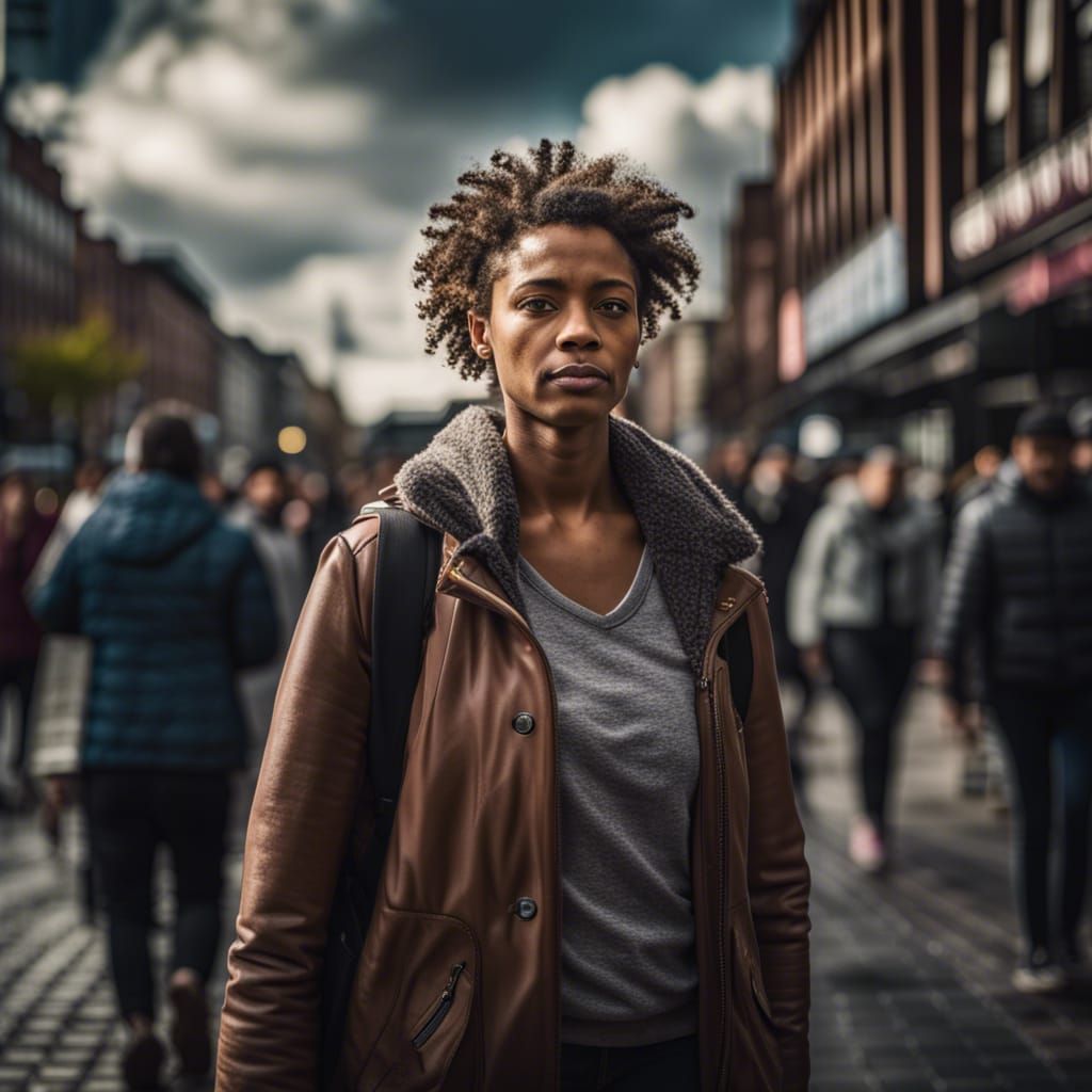 Hyperrealistic Street Photography of Woman on Busy Street