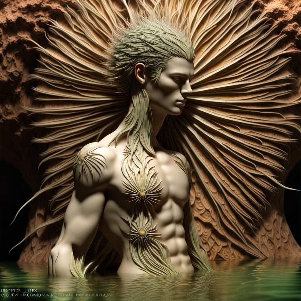 Intricate Ceramic Sculpture of Man in Grotto