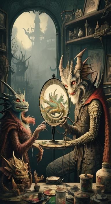 Dragons in Museum: Detailed Painting in Fantasy Style
