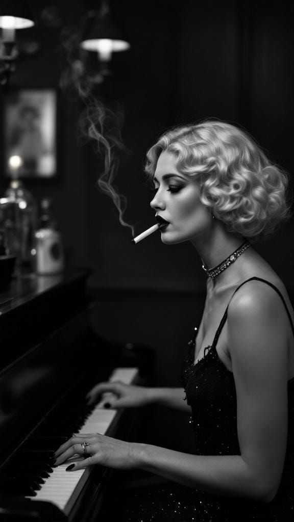 1920s Blonde Woman Playing Piano in Pub