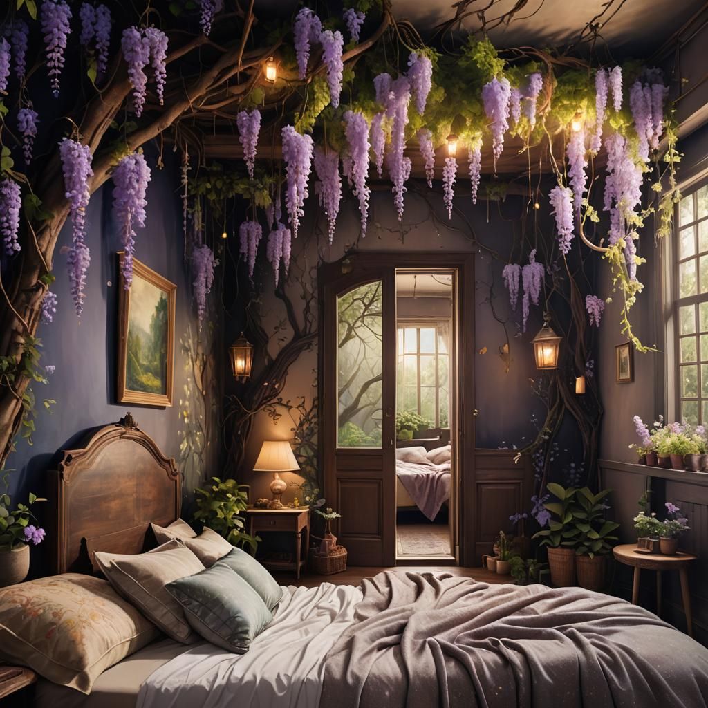 Enchanted Bedroom with Wisteria and Forest Mural