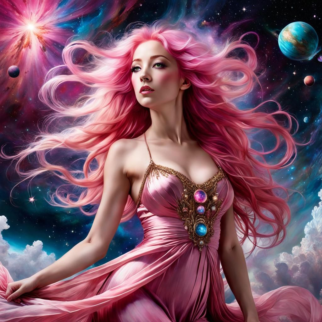 Cosmic Woman with Pink Hair in Anime Style