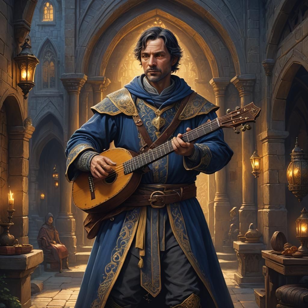 Medieval Bard with Lute in Fantasy Landscape