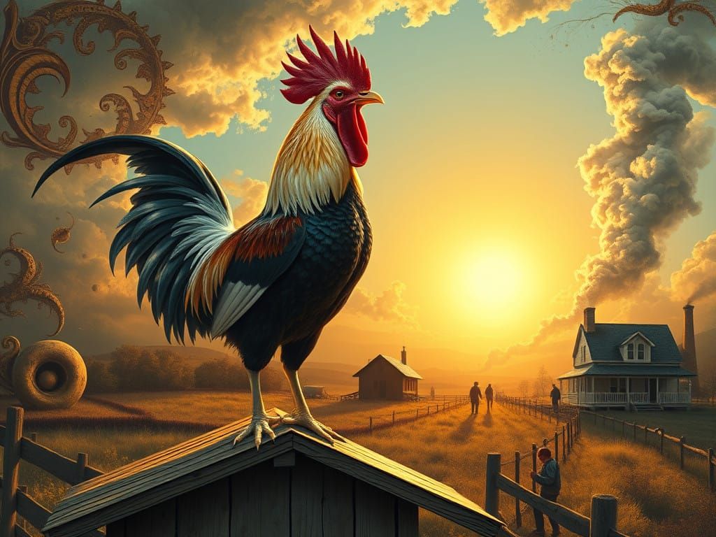 Proud Cockerel in Morning Glory, Classic Farmhouse Scene