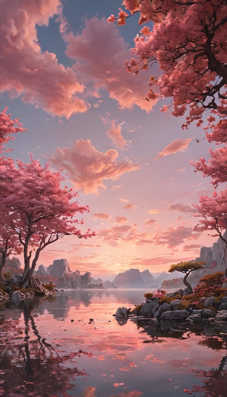 Serene Pink Bonsai Lake Landscape in Art Nouveau Style