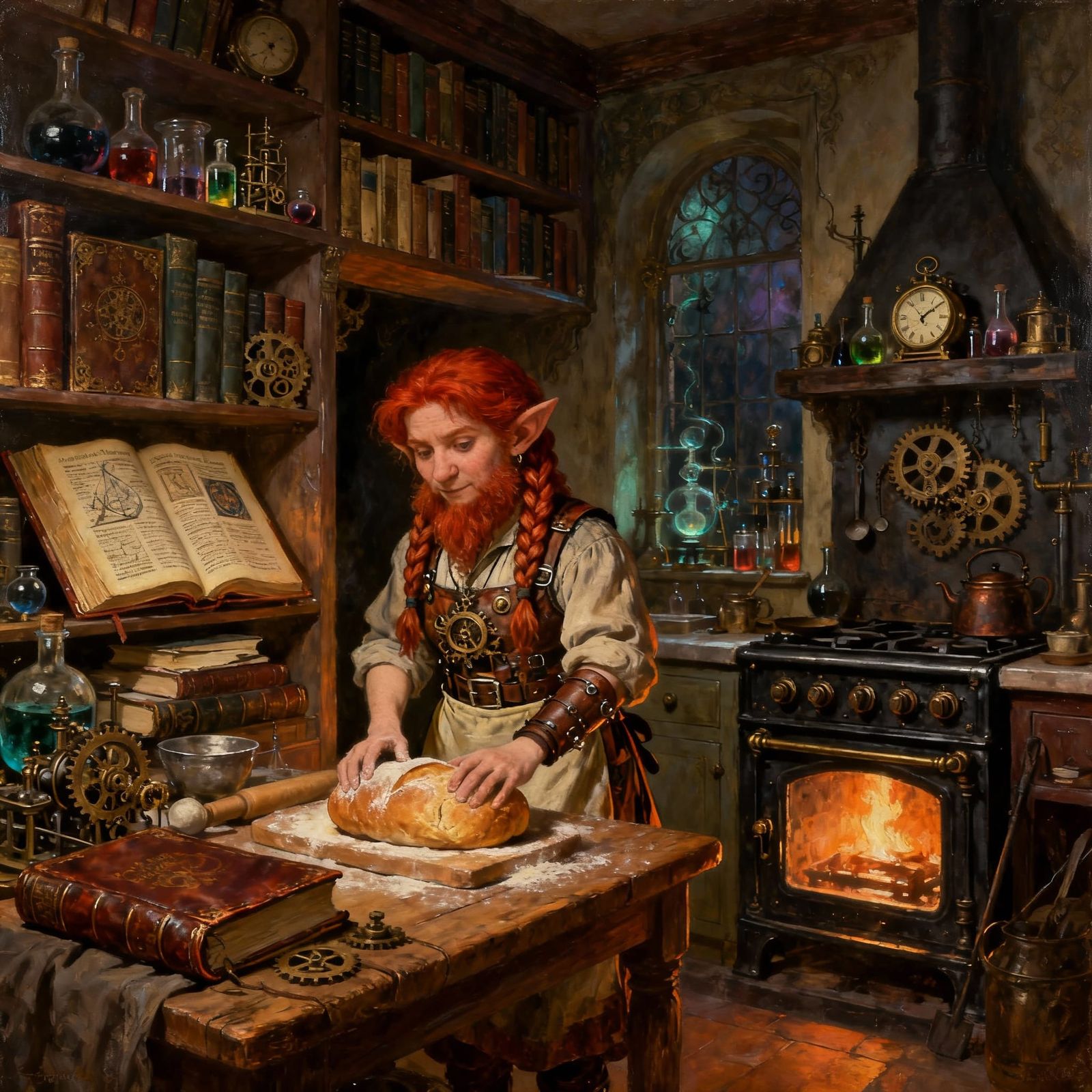 Steampunk Dwarf Baker in Victorian Alcove Kitchen