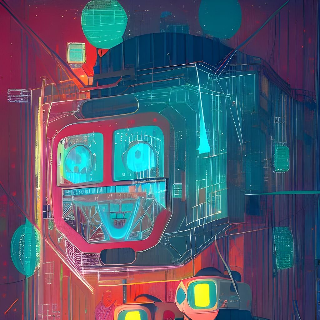Smiling Robots in a Geometric Surrealist Cityscape
